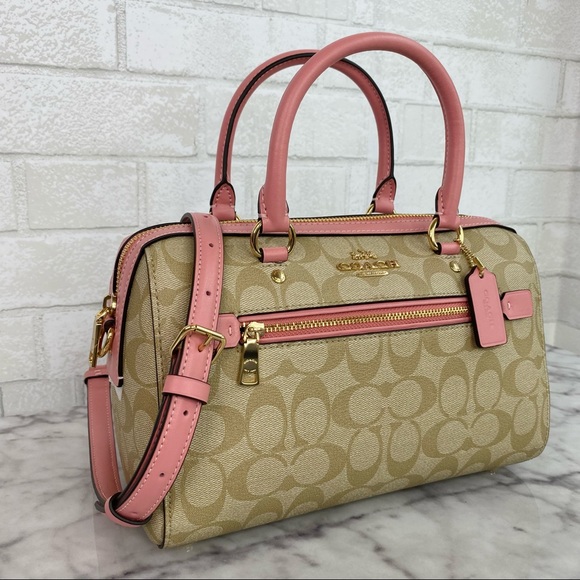 Coach Signature Light Khaki Pink Rowan Satchel - Picture 2 of 10